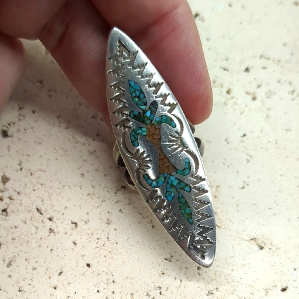 Stamped 100% Silver, Coral and Turquoise Women's Ring